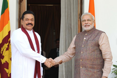From left to right. Indian President Mahinda Rajapaksa and new Indian Prime Minister Narendra Modi meeting for bilateral talks in New Delhi, India. May 27, 2014 