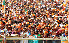 People gathering for political rallies in Assam, India. April 2014