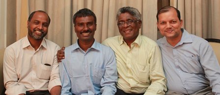Rev. Alexis Prem Kumar, second from the left, is surrounded by friends soon after his release. To the far left is Rev. T.R. John and third from the left is Rev. Leonardo Fernando and Rev. Denzil Fernandes on the far right. 