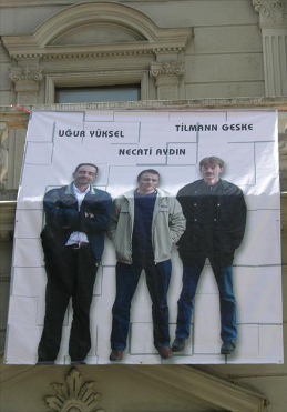 Memorial photo banner of the three slain Malatya victims: Ugur Yuksel, Necati Aydin, and Tilmann Geske, April 2008. 