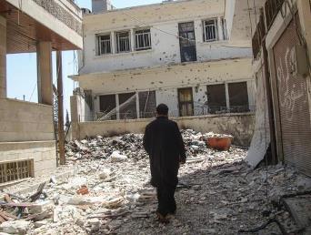 The badly damaged Christian neighborhood of Bustan Al Diwan in Homs