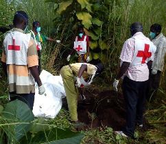 Red Cross workers bury a corpse near Bossangoa. Thousands have died since Djotodia came to power in March.