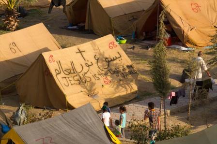 Tents in the yard of a church in Erbil. Pictured are some of the tents of the 216 displaced families who fled the violence of IS fighters. August 16, 2014 