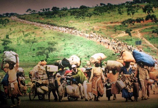 The line of refugees reaches to the horizon, victims of the warfare between Africa's Hutu and Tutsi tribes.1998 Pulitzer Prize, Spot News Photography, Martha Rial, Pittsburgh Post-Gazette 