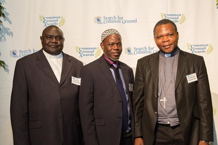L to R: Rev. Nicolas Guérékoyamé Gbangou; Imam Omar Kobine Layama; Archbishop Dieudonné Nzapalainga; at the Nov. 13 Awards ceremony in Washington, D.C.. 