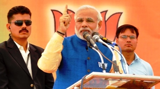 Indian prime minister, Narendra Modi addressing a BJP rally ahead of his election success 28 March 14