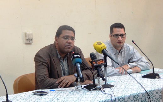 Ishak Ibrahim (right) with Amr Abdulrahman at the Egyptian Initiative for Personal Rights press conference in Cairo, 10 June 2015
