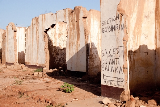 Members of the 'anti-balaka' left their mark on these shops in Bossangoa, which belonged to Muslims. Photo: May 2014.