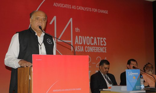 Justice Michael F. Saldanha speaking at the Advocates Asia conference in New Delhi on 22 October.