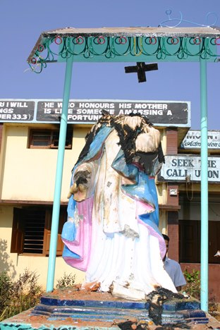 A desecrated statue of the Virgin Mary in Kandhamal, Odisha, in 2008, during India's worst example of anti-Christian violence, when 300 churches and 6,000 Christian homes were looted and burnt down, rendering 56,000 Christians homeless. 
