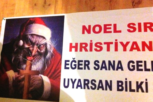 A banner posted in Istanbul the past two years, opposing participating in the Christian observance of Christmas. Translation of slogan: 'All that happens around Christmas is not just about entertainment, it's the Christians' worship. Now you know that, if you participate, understand that you're implicated.'