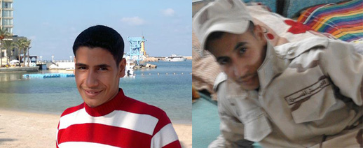 Michael Gamal during a trip to Alexandria (left) in Jan 2016, one month before his alleged suicide, and (right) in his military uniform