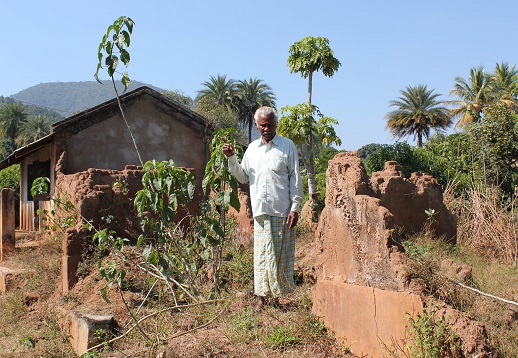 Obseswar Nayak
 stands on the remains of his property in Borimunda village, Kandhamal. The government ruled that his house was only "partially" damaged and therefore offered him only token compensation.