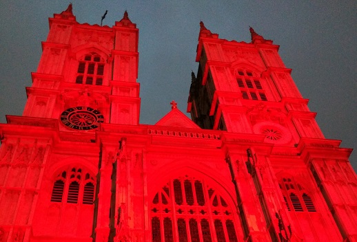 Westminster Abbey is one of several London landmarks to have been lit up in red for Red Wednesday.