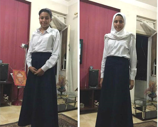 A girl shows 'unacceptable' (left) vs. 'acceptable' school dress code.
