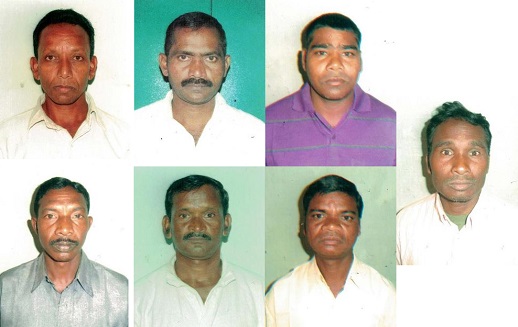 Clockwise from top-left: Gornath Chalanseth, Bijay Kumar Sanseth, Bhaskar Sunamajhi, Munda Badamajhi, Sanatan Badamajhi, Budhadeb Nayak and Durjo Sunamajhi.