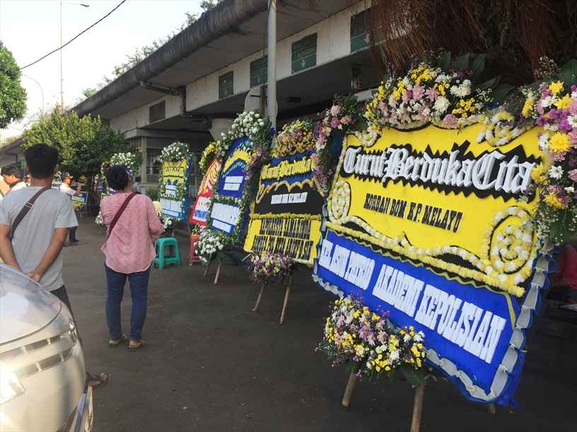 Wreaths displayed to honor those killed in the suicide bomb attack in the Kampung Melayu bus terminal, East Jakarta on May 24 2017. Indonesia's image of a secular nation is under treat as it faces increased influence of extremist Islamist groups. (Photo: Open Doors International)