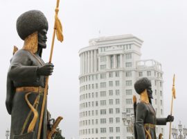 Hero statues at Ashgabat Independence Monument. City of Ashgabat, Turkmenistan.