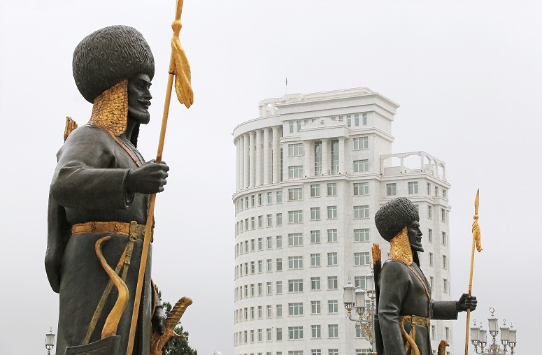 Hero statues at Ashgabat Independence Monument. City of Ashgabat, Turkmenistan. 