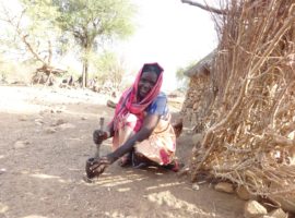 A young girl grinds some grain in the shade of her home in the Nuba Mountains. (Photo: World Watch Monitor)