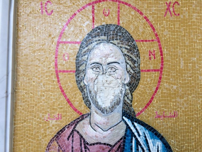 A mosaic of Jesus pictured as an icon. in a church in Homs, was vandalised by Islamic fundamentalists, October 2017. (Photo: World Watch Monitor)