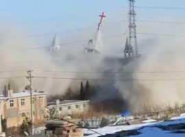Explosives are set off in the Golden Lampstand Church in Linfen, Shanxi province, in a still taken from a video.