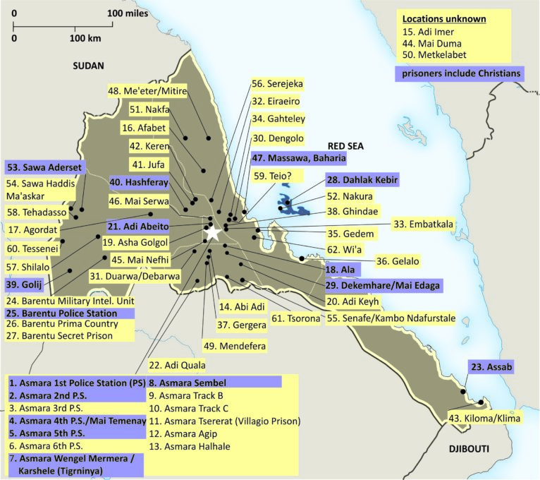 Eritrea's extensive prison network. (World Watch Monitor, 2017)