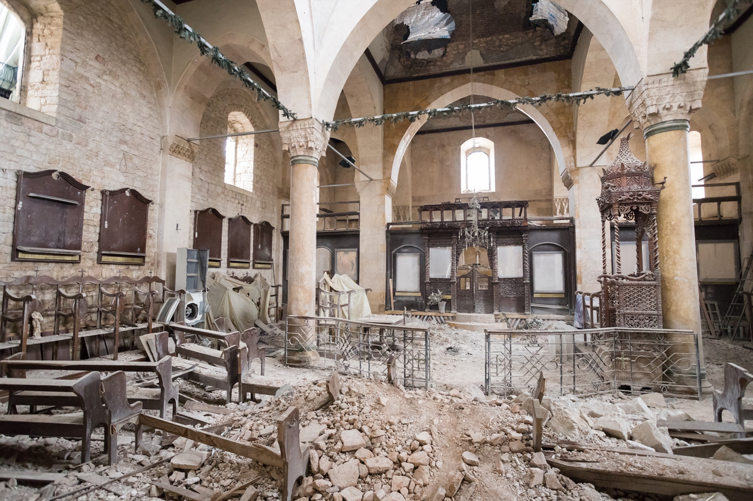 The shattered interior of the heavily damaged Greek Orthodox church in the old quarter of Aleppo (Open Doors International)