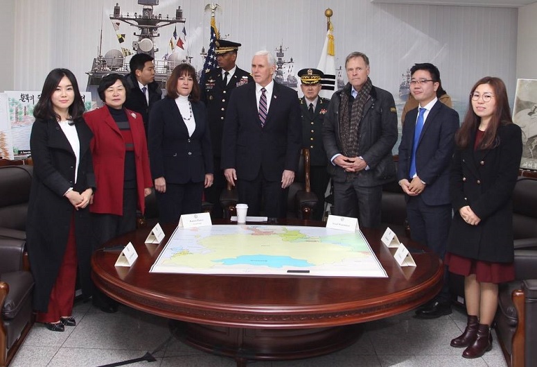 North Korean defectors shared their stories with US Vice President Mike Pence (centre) and Fred Warmbier (third from right). Photo: Facebook/US Forces Korea