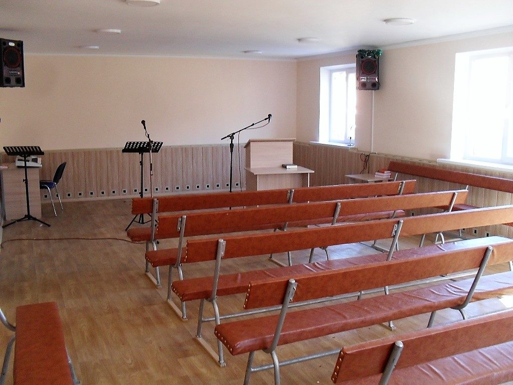 The inside of a Kajisay Baptist church: cleaned and redecorated after January's arson attack (World Watch Monitor)