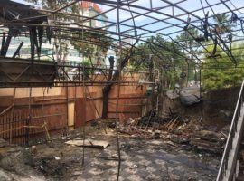 The Surabaya Pentecostal Church's front yard and remainders of the gate's canopy after the bomb attack on 13 May in which five people died. (Photo: World Watch Monitor)