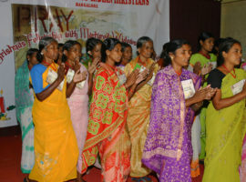 Christian women who have been rendered widows in recent anti-Christian violence in Orissa sing their traditional song at a Christmas celebration in Bangalore on December 8 in Bangalore.

The Global Council of Indian Christians based in Bangalore brought two dozen Orissa riot widows to Bangalore from the refugee camps in Kandhamal for conducting medical checks on them and to draw attention to their plight. Though Orissa government has declared compensation of 200 000 rupees ($4000) for those killed, only two of the two dozen widows have got the compensation as police insist on documentary proof for the murders and even recovery of the body some of which have been thrown in rivers and
dumped in jungles.

Photo by Anto Akkara
