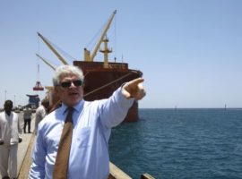 US charge d'affaires in Sudan, Steven Koutsis, in the harbour of Port Sudan on the red sea coast, as a US ship is unloading humanitarian aid supplies provided by the US development agency, on 5 June 2018. (Photo: ASHRAF SHAZLY/AFP/Getty Images)