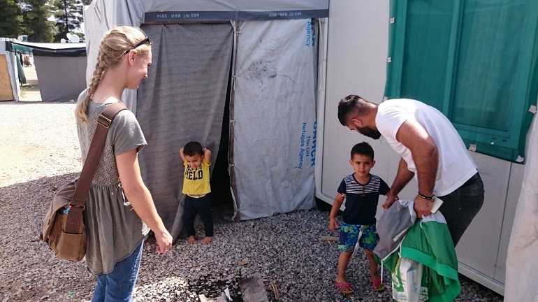 ICC founder, Yochana Darling, visits a family in Ritsona refugee camp, north of Athens. (Photo: ICC)