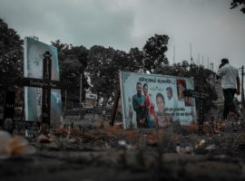Poster memorials and crosses for Christians who died in Colombo, Sri Lanka, Easter Sunday, 2019